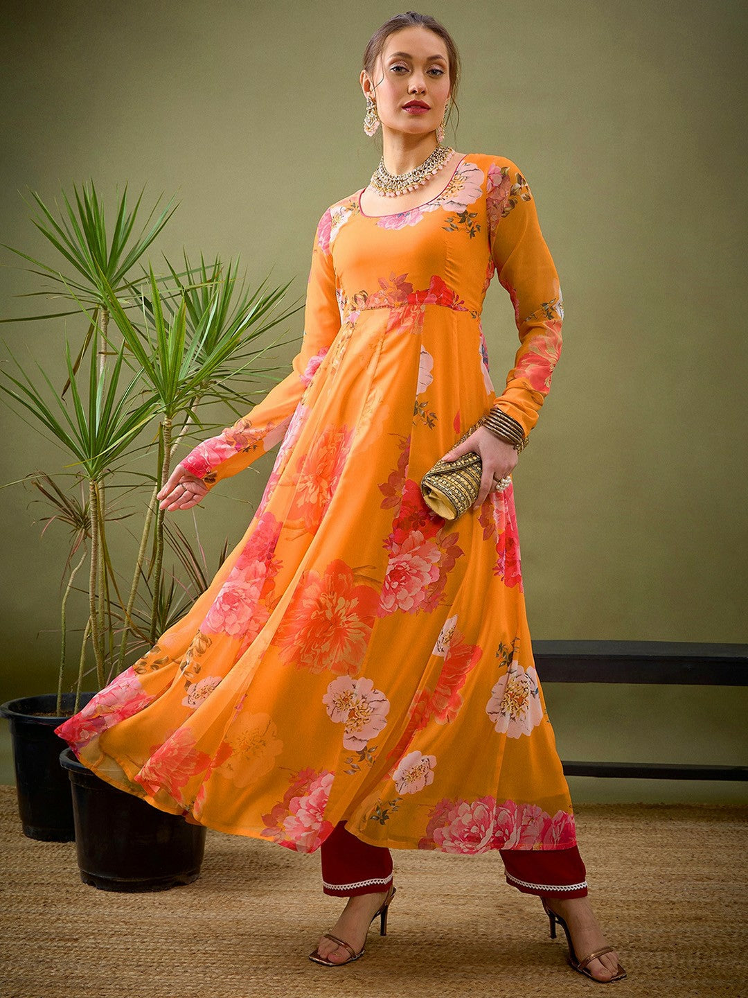 Yellow Abstract Printed Georgette Kurta with Zari Detail | Women’s Floral A-Line Ankle Length Kurta - Indiaista