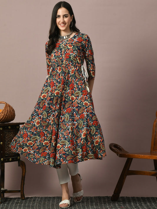 Floral Printed Navy Blue & Red A-Line Kurta for Women | Indiaista