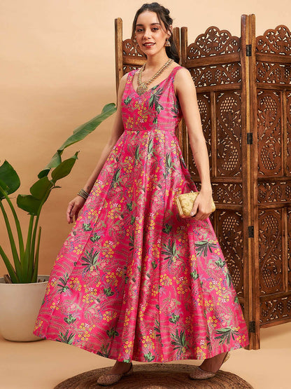 Pink & Green Floral Printed Sweetheart Neck Anarkali Kurta - Stylish Indian Women’s Kurtas | Indiaista