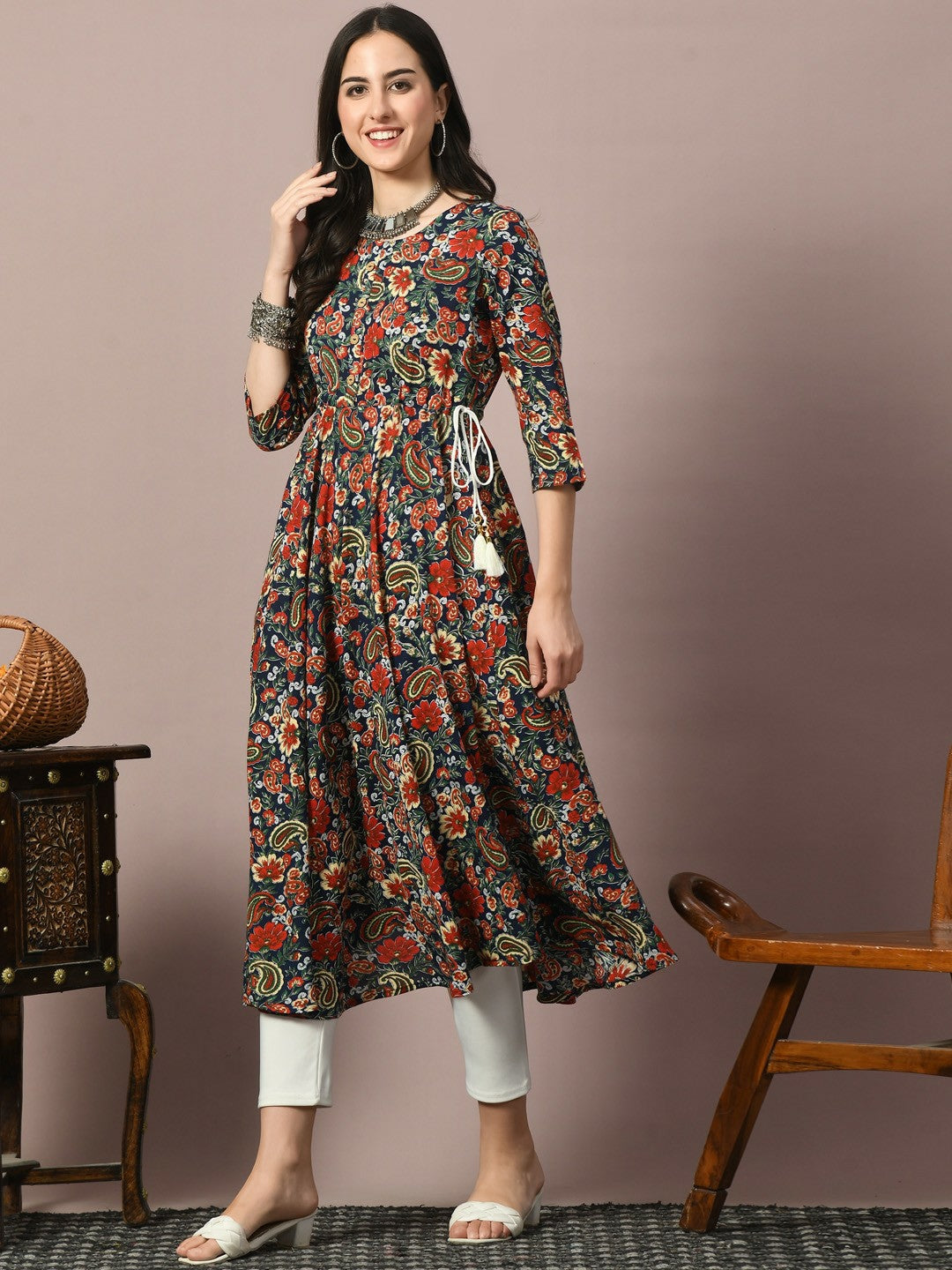 Floral Printed Navy Blue & Red A-Line Kurta for Women | Indiaista