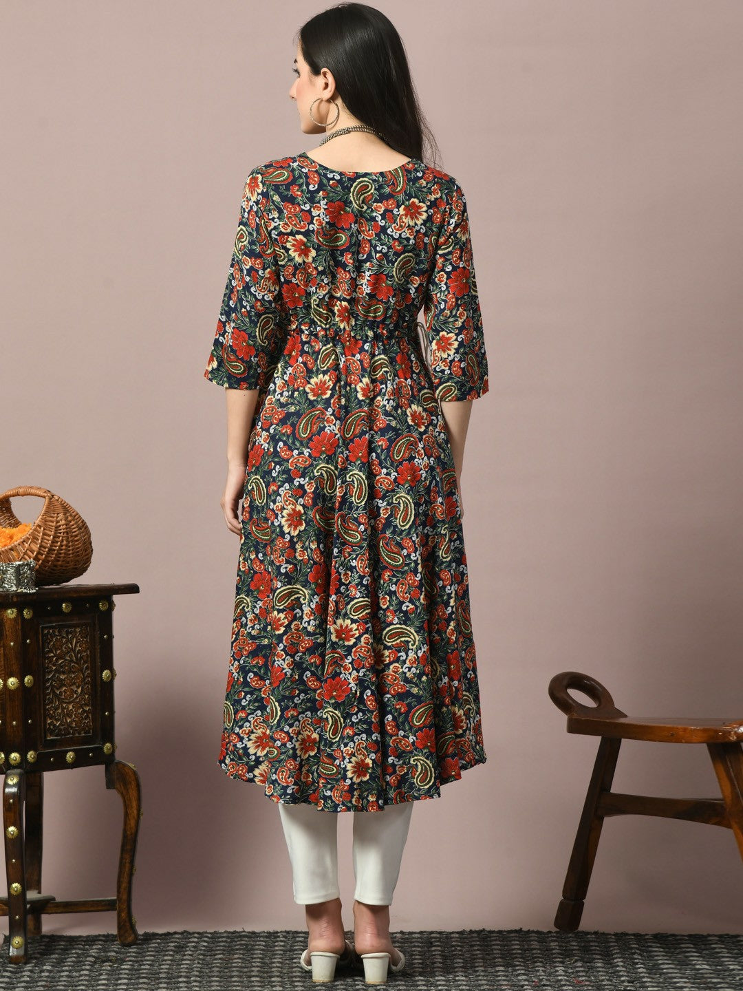 Floral Printed Navy Blue & Red A-Line Kurta for Women | Indiaista