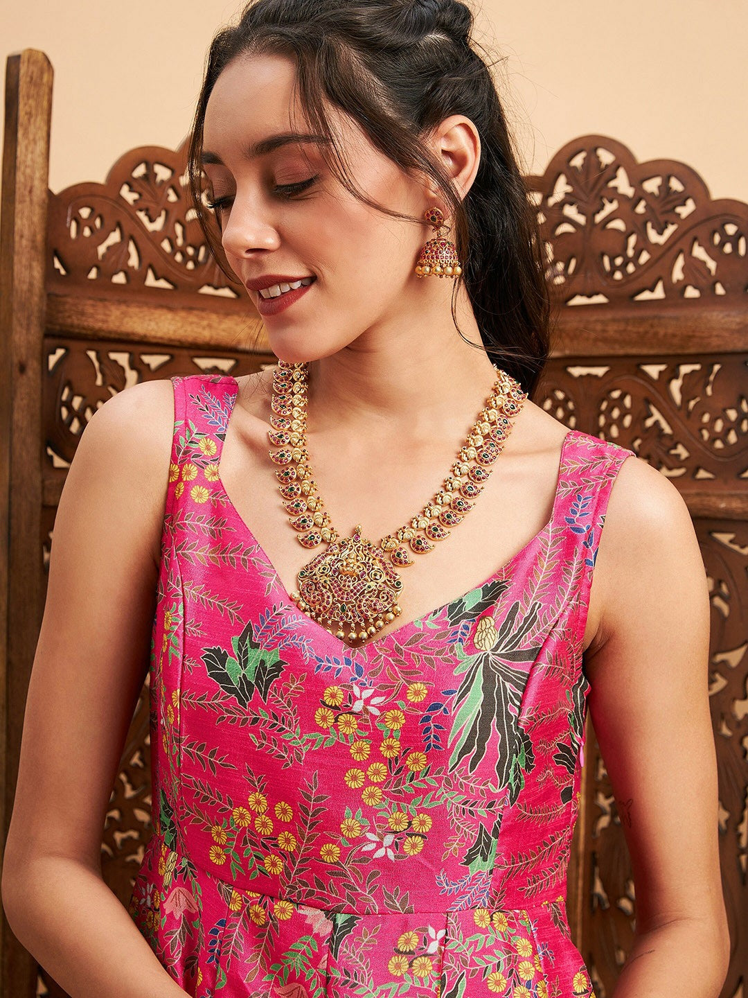 Pink & Green Floral Printed Sweetheart Neck Anarkali Kurta - Stylish Indian Women’s Kurtas | Indiaista