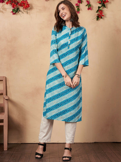 Buy Blue & White Bandhani Printed Straight Kurta for Women | IndiaIsta