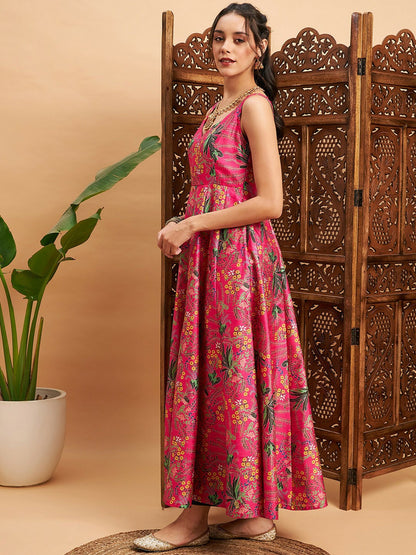 Pink & Green Floral Printed Sweetheart Neck Anarkali Kurta - Stylish Indian Women’s Kurtas | Indiaista