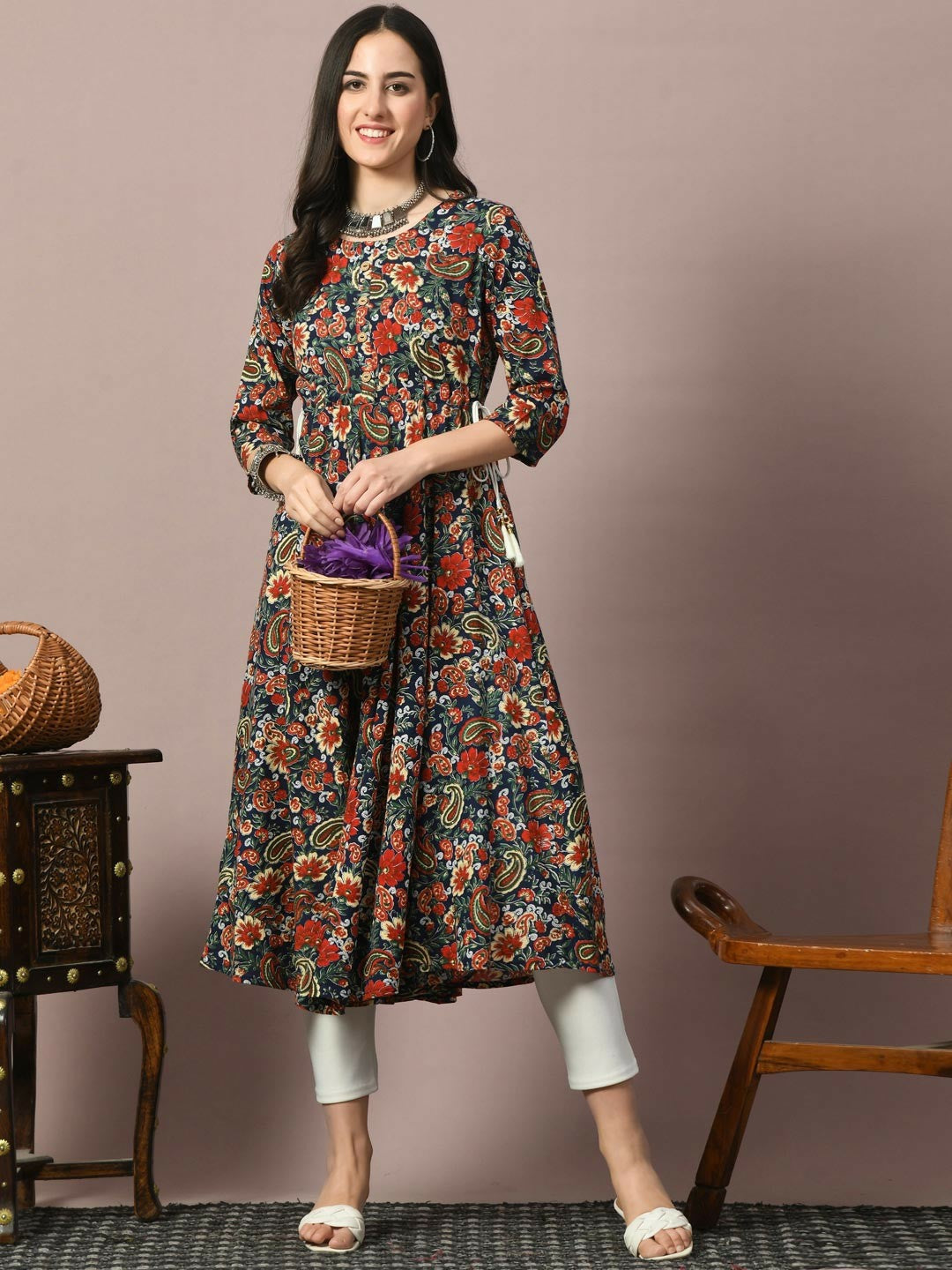 Floral Printed Navy Blue & Red A-Line Kurta for Women | Indiaista