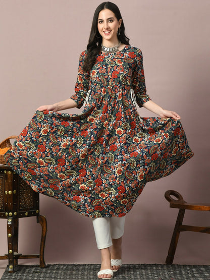 Floral Printed Navy Blue & Red A-Line Kurta for Women | Indiaista