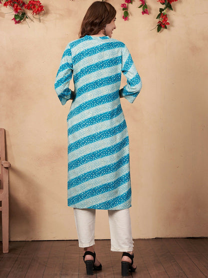 Buy Blue & White Bandhani Printed Straight Kurta for Women | IndiaIsta