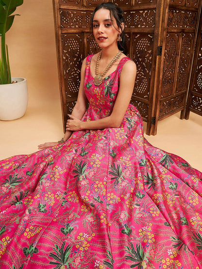 Pink & Green Floral Printed Sweetheart Neck Anarkali Kurta - Stylish Indian Women’s Kurtas | Indiaista