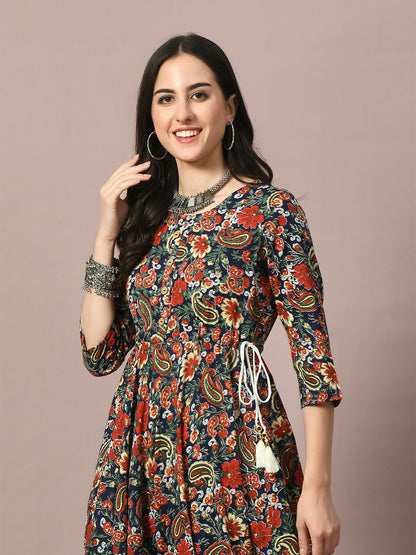 Floral Printed Navy Blue & Red A-Line Kurta for Women | Indiaista