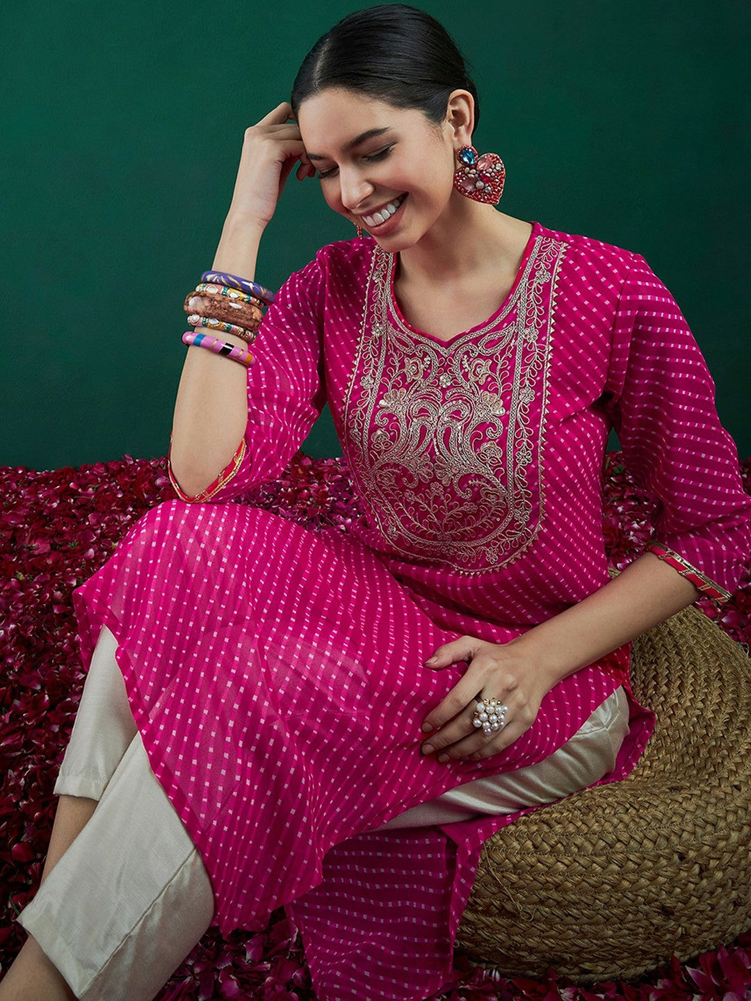 Pink & Gold-Toned Leheriya Printed Straight Kurta with Thread Work & Sequins - Indiaista