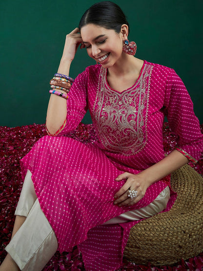 Pink & Gold-Toned Leheriya Printed Straight Kurta with Thread Work & Sequins - Indiaista