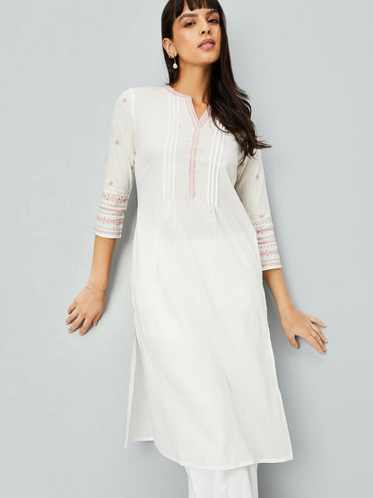 Off-White Embroidered Cotton Kurta for Women | Three-Quarter Sleeves, Asymmetric Hem | IndiaIsta