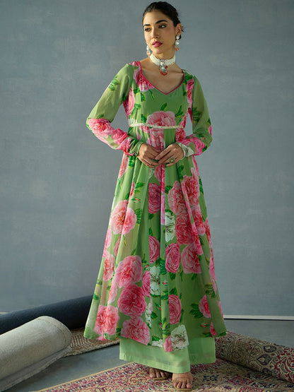 Green Floral Printed Georgette Anarkali Kurta for Women - Elegant Sweetheart Neck & Flared Hem | IndiaIsta