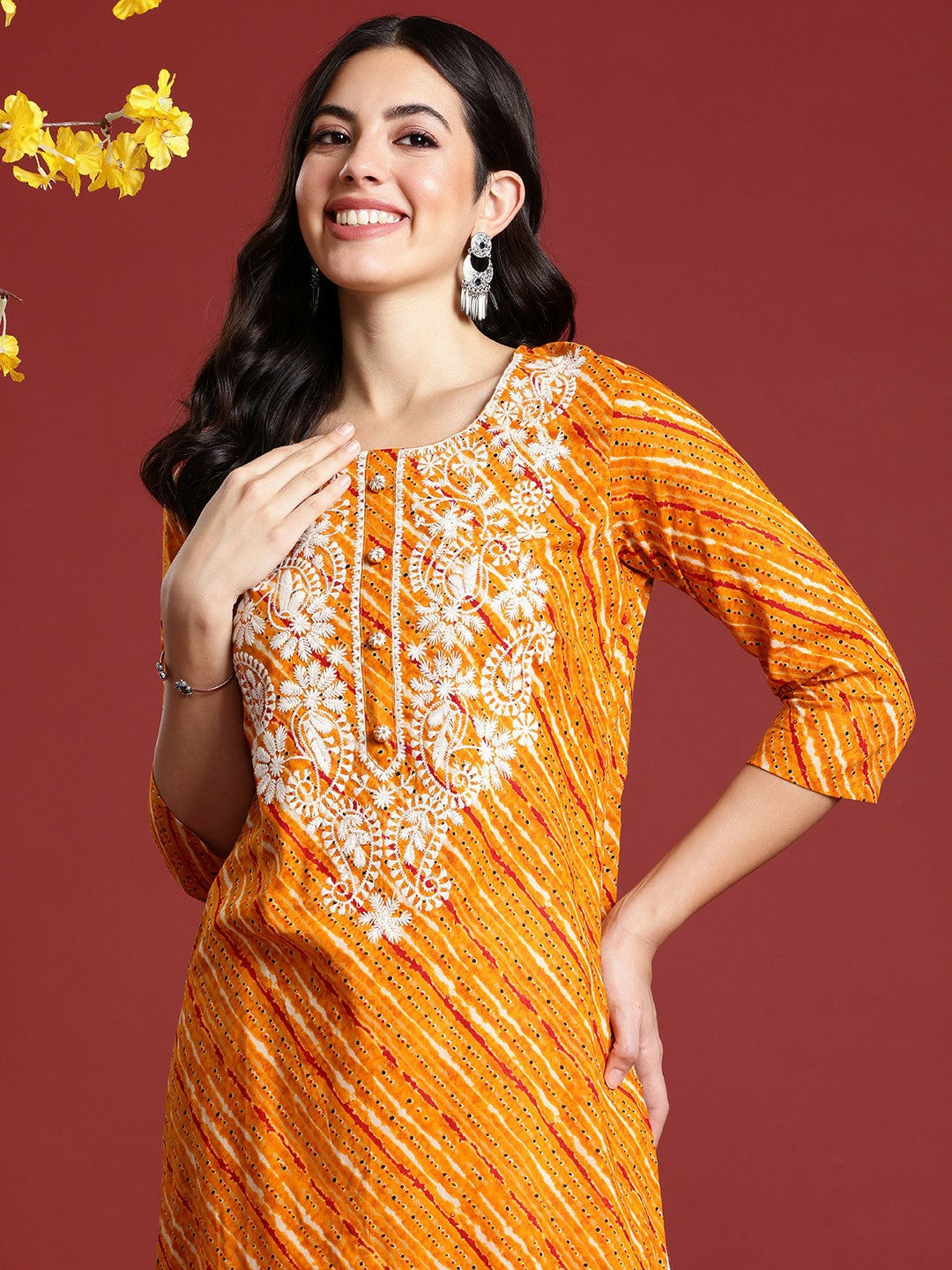 Yellow Paisley Embroidered Cotton Straight Kurta for Women | Indiaista