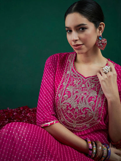 Pink & Gold-Toned Leheriya Printed Straight Kurta with Thread Work & Sequins - Indiaista