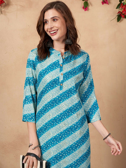 Buy Blue & White Bandhani Printed Straight Kurta for Women | IndiaIsta