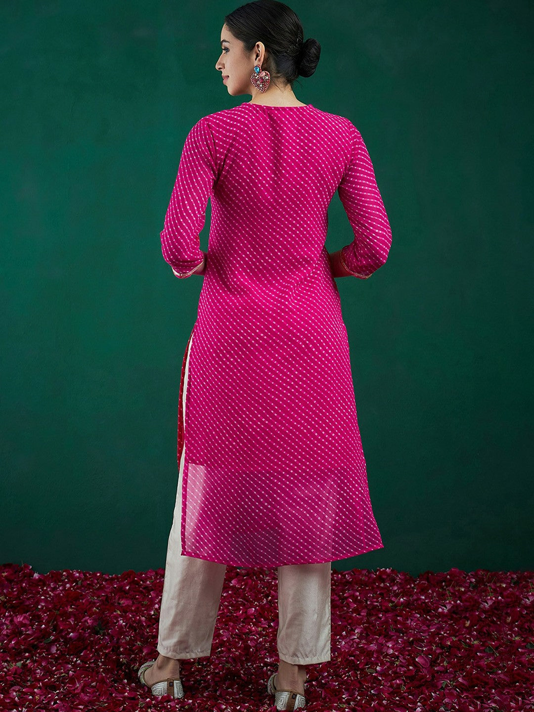 Pink & Gold-Toned Leheriya Printed Straight Kurta with Thread Work & Sequins - Indiaista