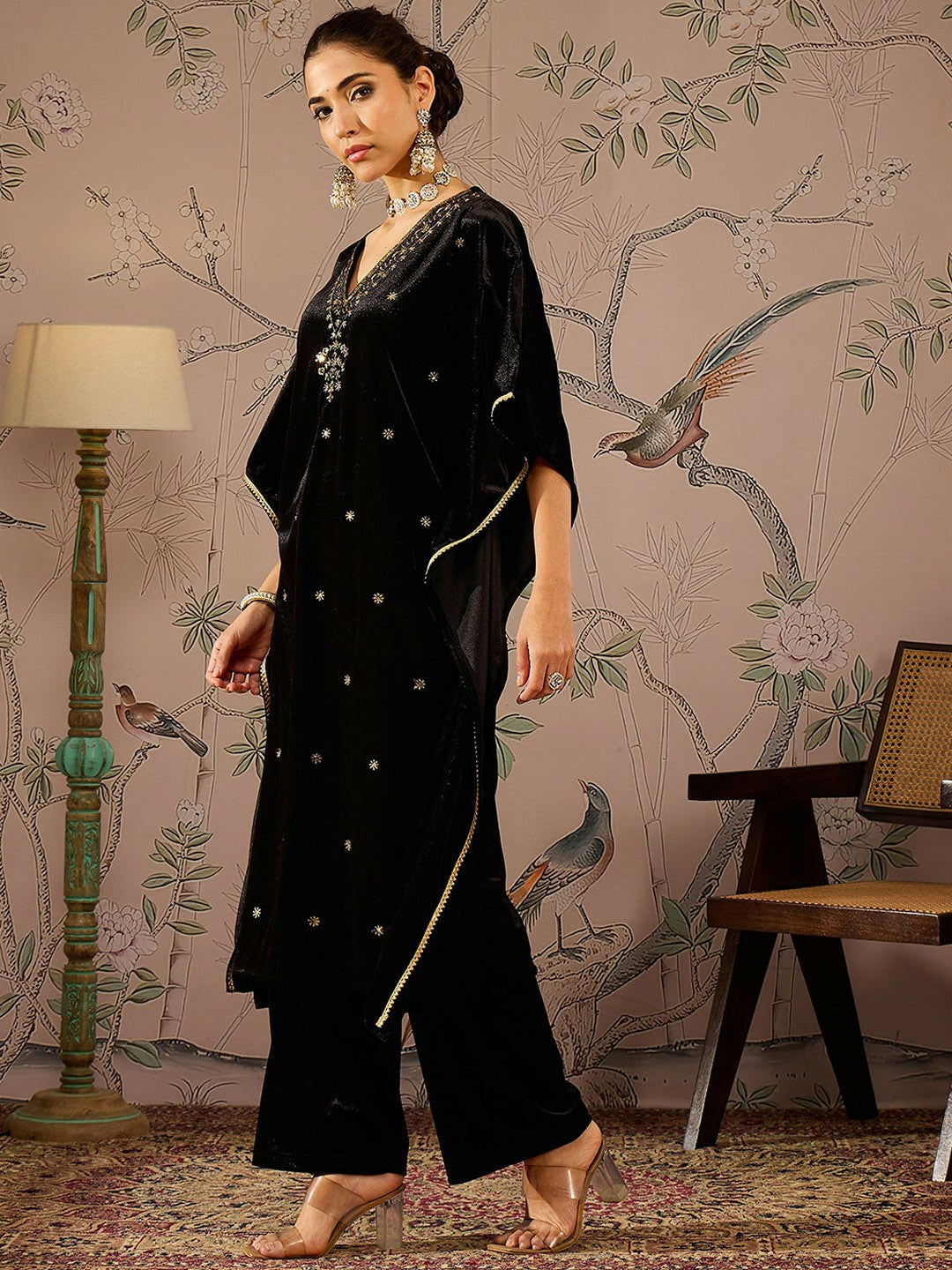 Floral Embroidered Black Velvet Kurta for Women | V-Neck Kaftan Style with Three-Quarter Sleeves