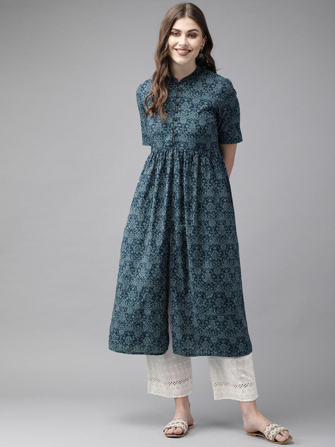 Women Navy Blue Printed A-Line Kurta with Mandarin Collar & Front Slit – Indiaista