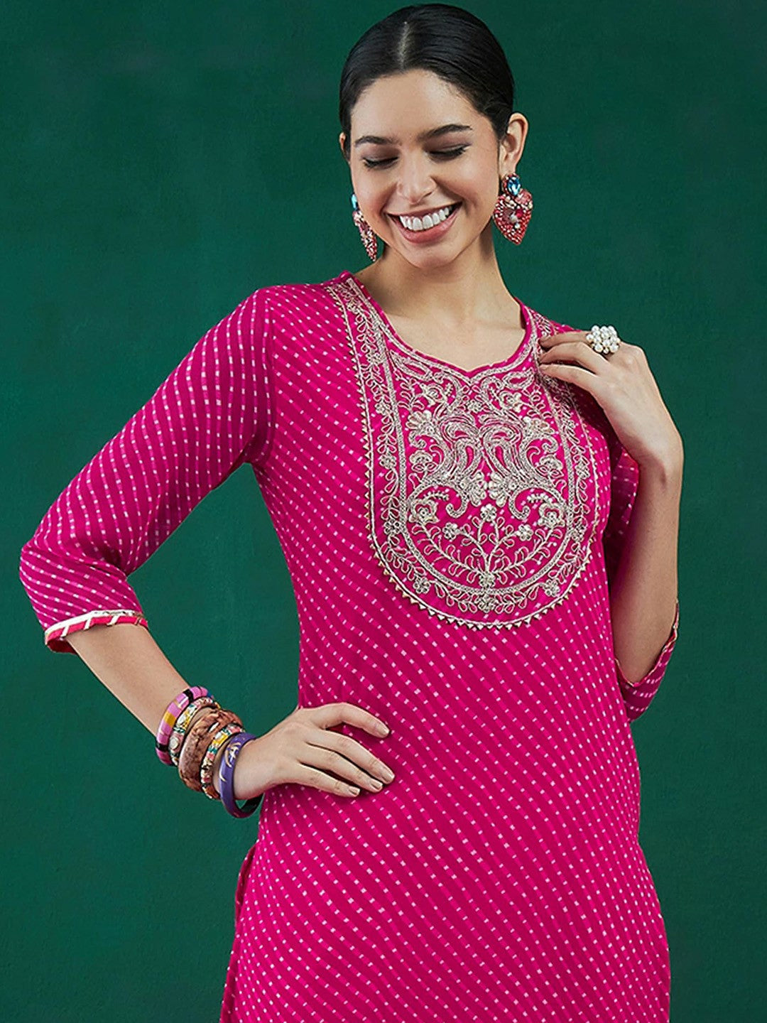 Pink & Gold-Toned Leheriya Printed Straight Kurta with Thread Work & Sequins - Indiaista