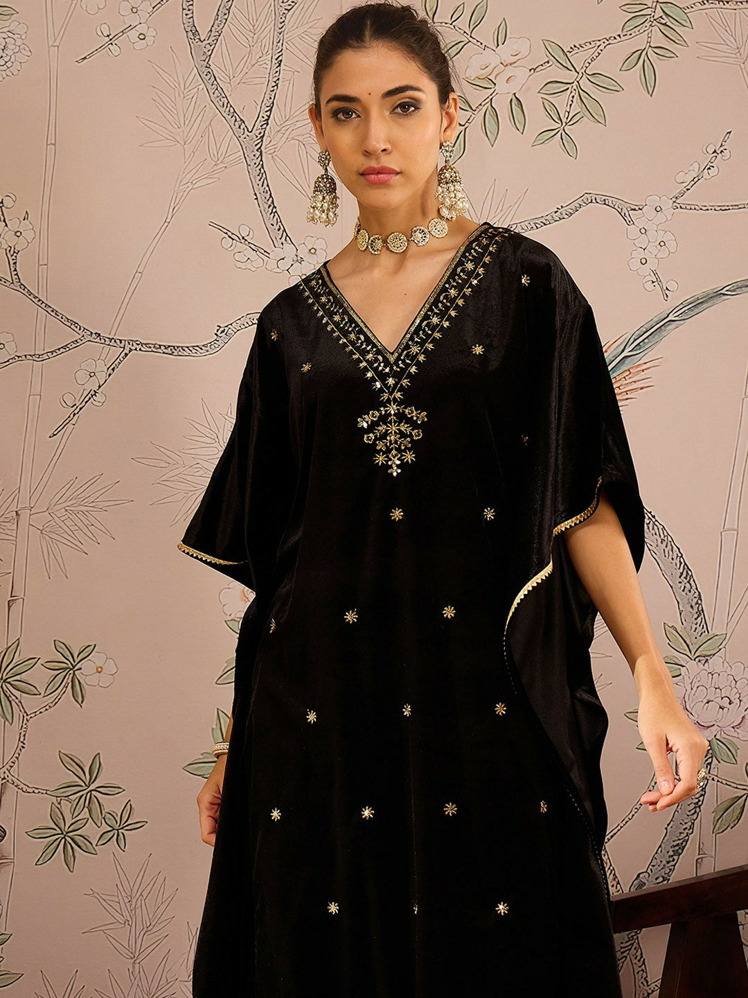 Floral Embroidered Black Velvet Kurta for Women | V-Neck Kaftan Style with Three-Quarter Sleeves