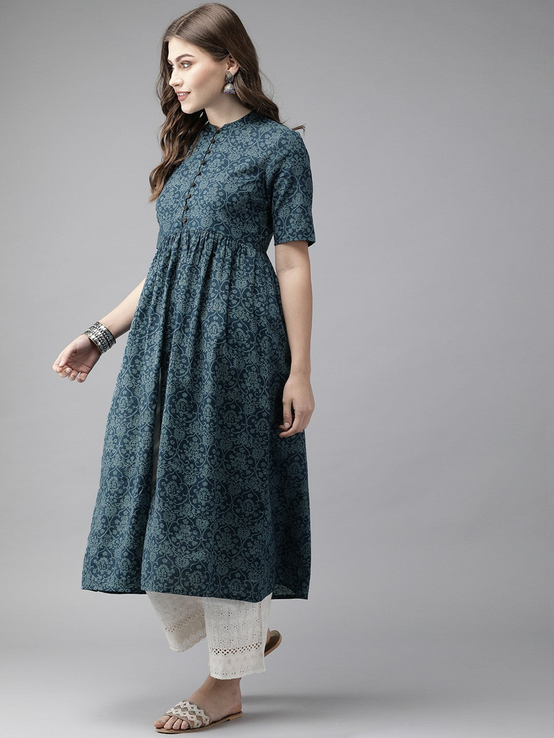 Women Navy Blue Printed A-Line Kurta with Mandarin Collar & Front Slit – Indiaista