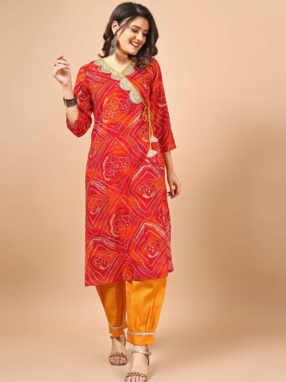 Red Bandhani Printed Angrakha Sequined Straight Kurta - Stylish & Comfortable Women's Kurta | Indiaista