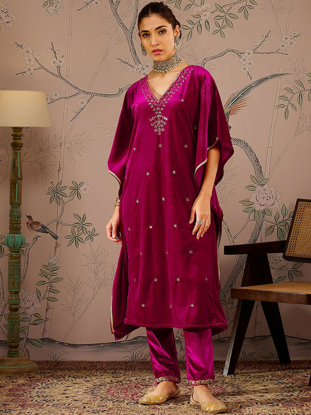 Floral Embroidered Fuchsia Velvet Kurta for Women | Eid & Diwali Kaftan with V-Neck and Flared Sleeves