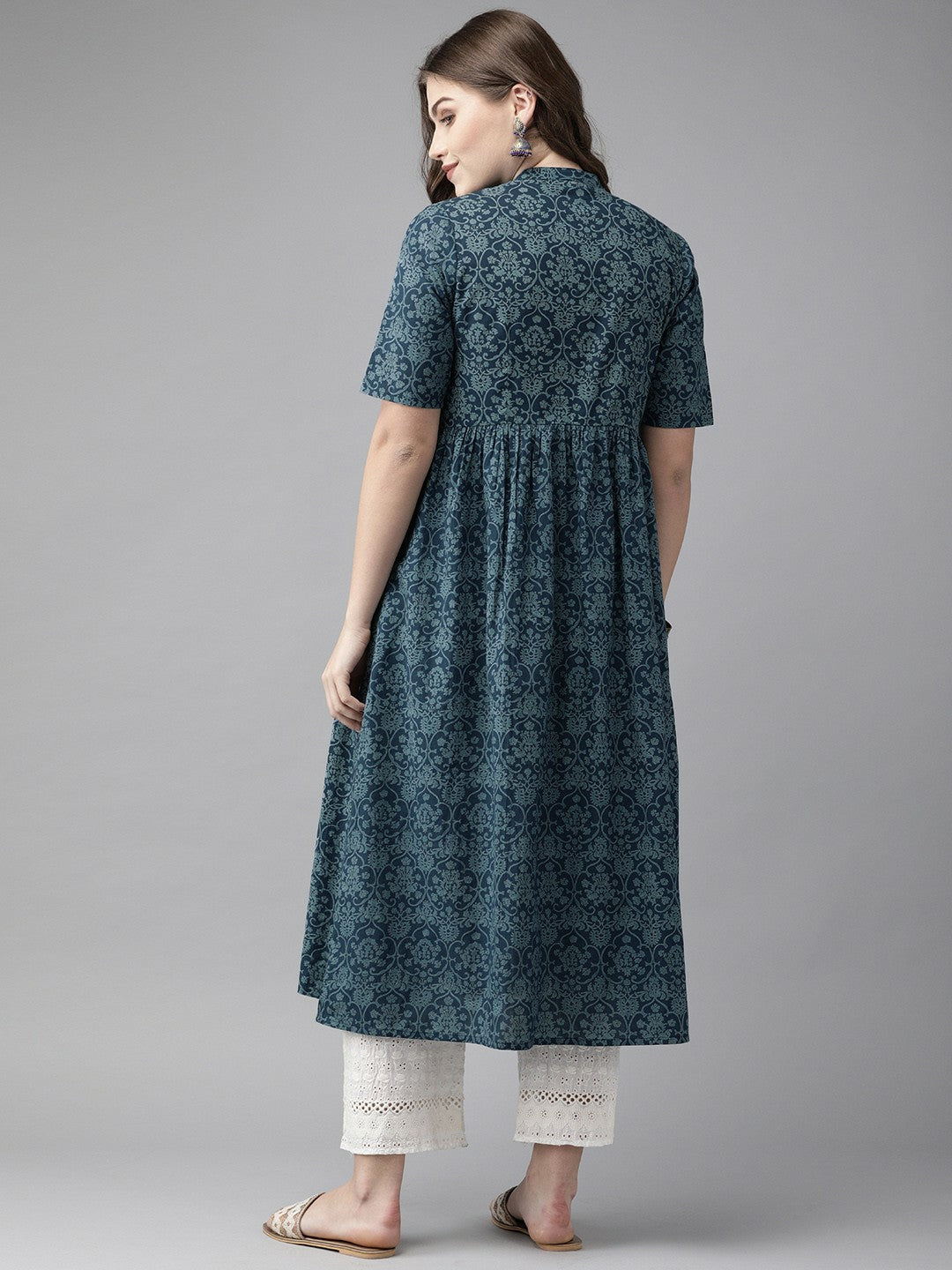 Women Navy Blue Printed A-Line Kurta with Mandarin Collar & Front Slit – Indiaista