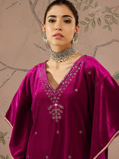 Floral Embroidered Fuchsia Velvet Kurta for Women | Eid & Diwali Kaftan with V-Neck and Flared Sleeves