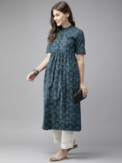 Women Navy Blue Printed A-Line Kurta with Mandarin Collar & Front Slit – Indiaista