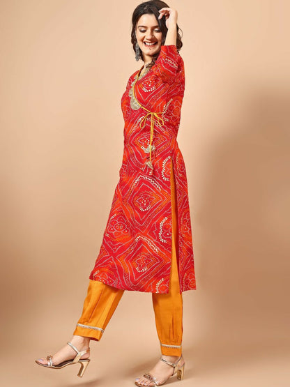 Red Bandhani Printed Angrakha Sequined Straight Kurta - Stylish & Comfortable Women's Kurta | Indiaista