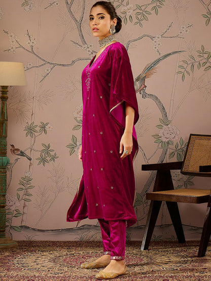 Floral Embroidered Fuchsia Velvet Kurta for Women | Eid & Diwali Kaftan with V-Neck and Flared Sleeves