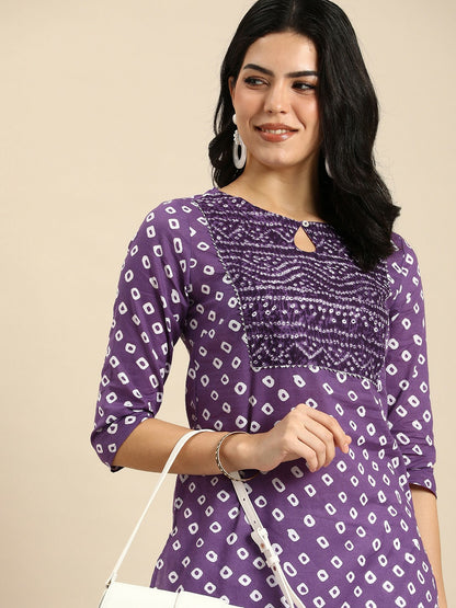 Purple Bandhani Printed Keyhole Neck Gotta Patti Cotton Kurta for Women | Indiaista