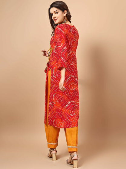 Red Bandhani Printed Angrakha Sequined Straight Kurta - Stylish & Comfortable Women's Kurta | Indiaista