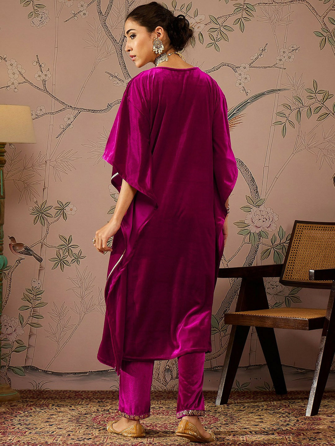 Floral Embroidered Fuchsia Velvet Kurta for Women | Eid & Diwali Kaftan with V-Neck and Flared Sleeves