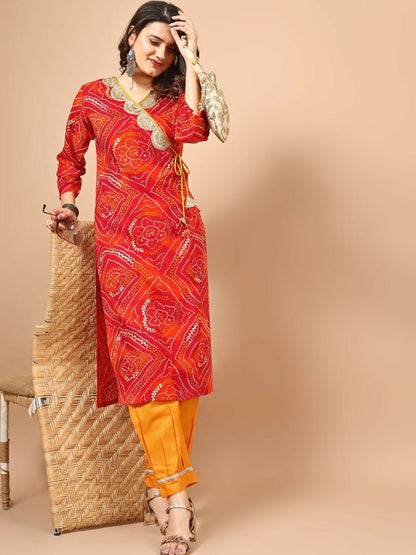 Red Bandhani Printed Angrakha Sequined Straight Kurta - Stylish & Comfortable Women's Kurta | Indiaista