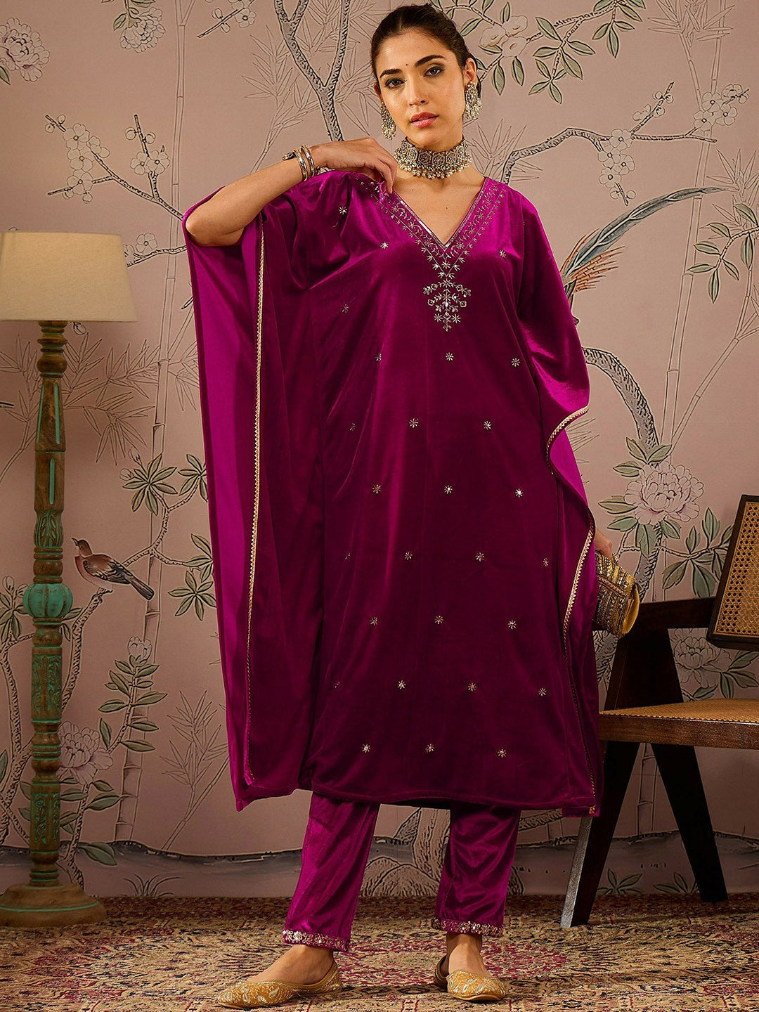 Floral Embroidered Fuchsia Velvet Kurta for Women | Eid & Diwali Kaftan with V-Neck and Flared Sleeves