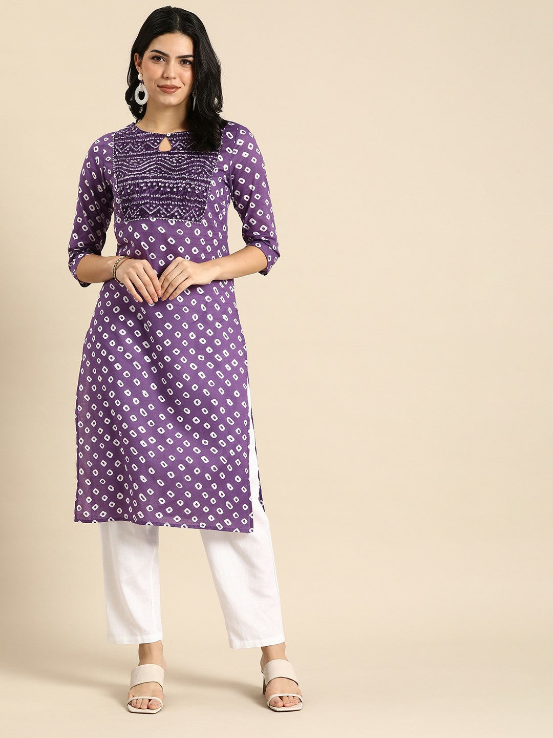 Purple Bandhani Printed Keyhole Neck Gotta Patti Cotton Kurta for Women | Indiaista