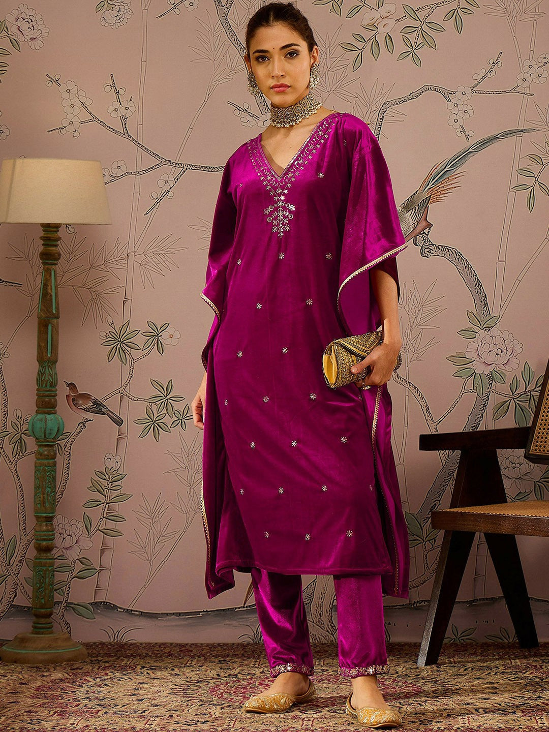 Floral Embroidered Fuchsia Velvet Kurta for Women | Eid & Diwali Kaftan with V-Neck and Flared Sleeves