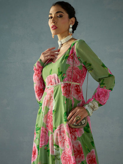 Green Floral Printed Georgette Anarkali Kurta for Women - Elegant Sweetheart Neck & Flared Hem | IndiaIsta