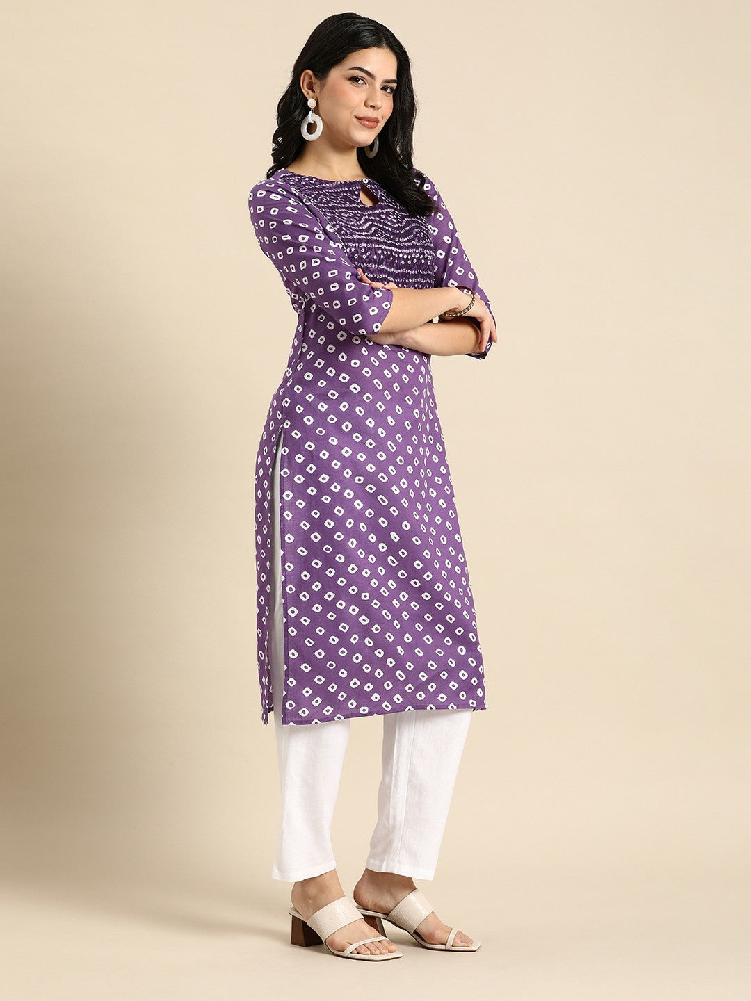 Purple Bandhani Printed Keyhole Neck Gotta Patti Cotton Kurta for Women | Indiaista