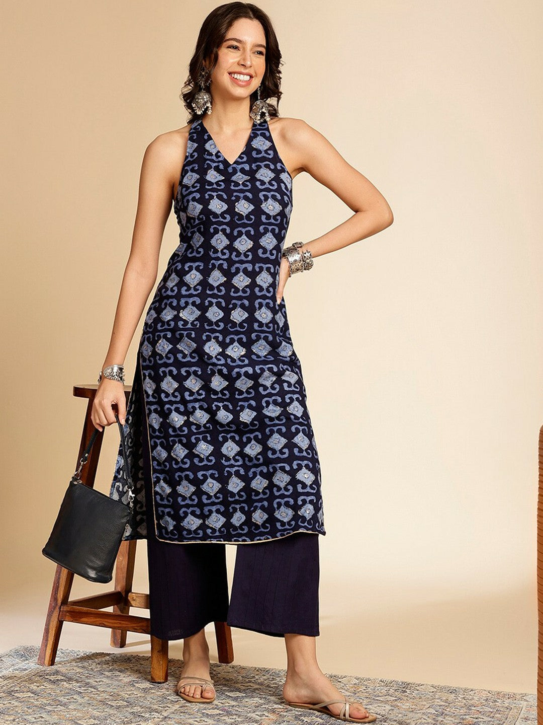 Navy Blue Geometric Printed Sleeveless Kurta for Women - Stylish V-Neck Calf Length | Indiaista