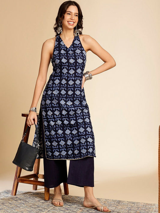 Navy Blue Geometric Printed Sleeveless Kurta for Women - Stylish V-Neck Calf Length | Indiaista