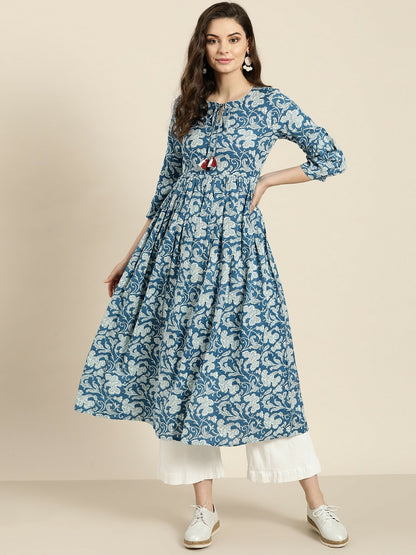 Blue & Off-White Printed Anarkali Kurta for Women | Elegant Eid & Diwali Festival Wear