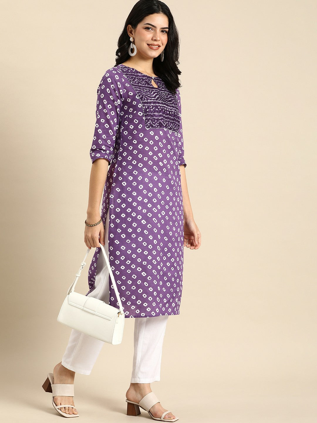 Purple Bandhani Printed Keyhole Neck Gotta Patti Cotton Kurta for Women | Indiaista