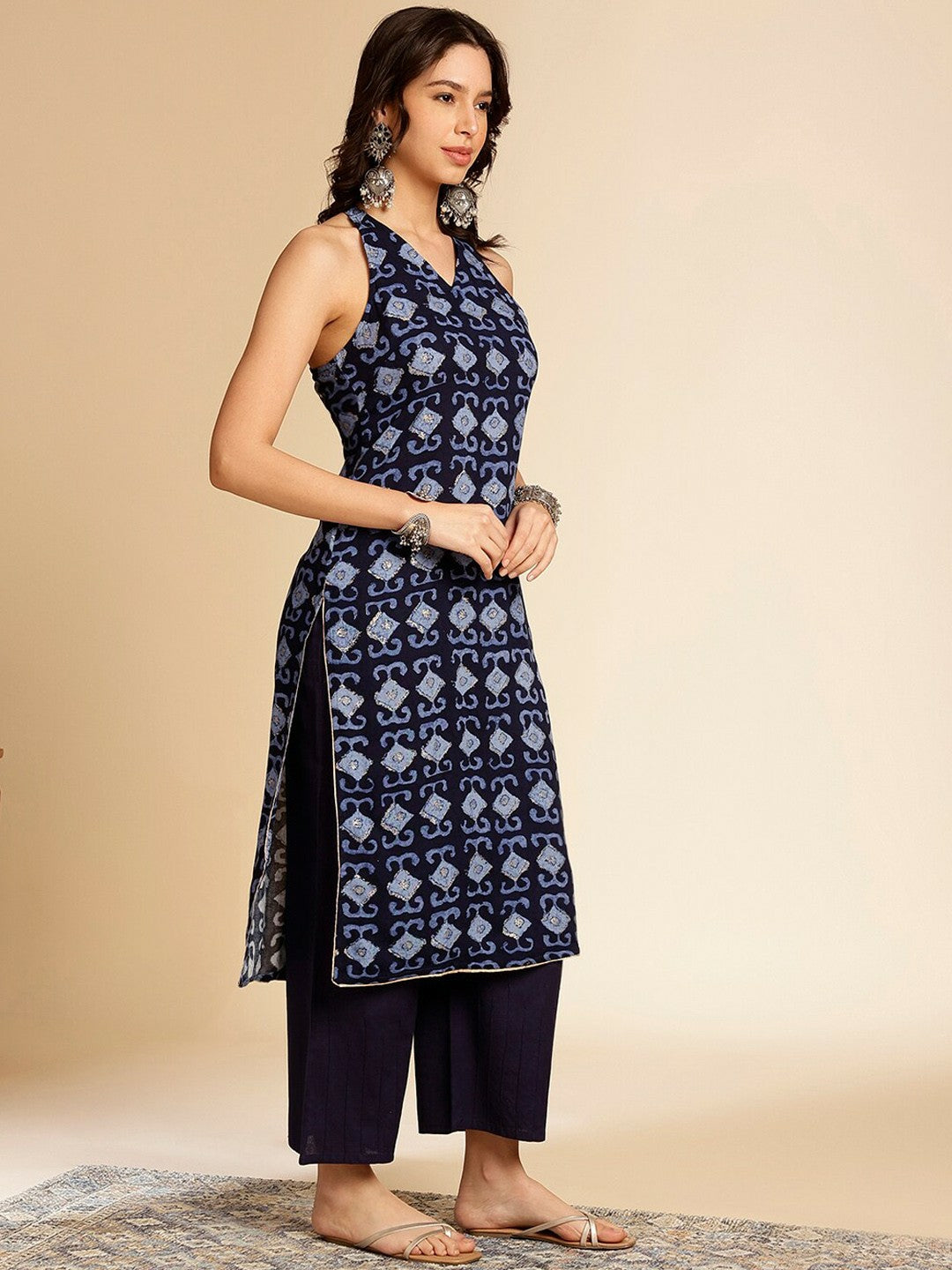 Navy Blue Geometric Printed Sleeveless Kurta for Women - Stylish V-Neck Calf Length | Indiaista