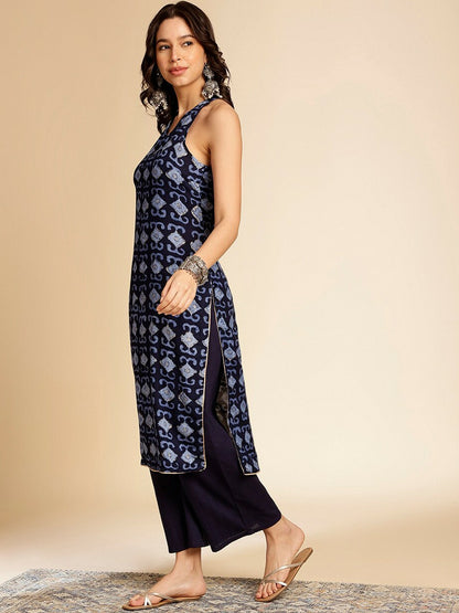 Navy Blue Geometric Printed Sleeveless Kurta for Women - Stylish V-Neck Calf Length | Indiaista