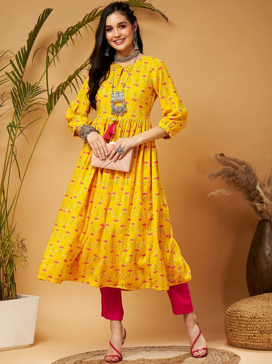 Bollywood Style Yellow Ethnic Motif Printed A-Line Kurta for Women – Diwali & Eid Outfit | Indiaista