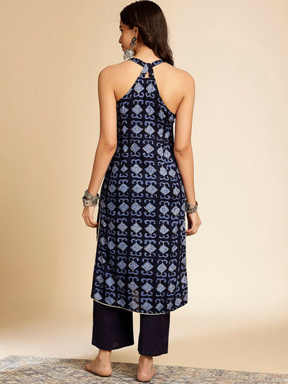 Navy Blue Geometric Printed Sleeveless Kurta for Women - Stylish V-Neck Calf Length | Indiaista